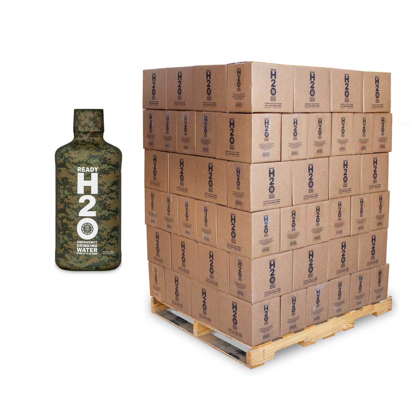 Emergency Drinking Water - Guaranteed Bacteria Free - 20 yr - 1 Liter Bottles - Pallet Quantity - Camo Bottle Design