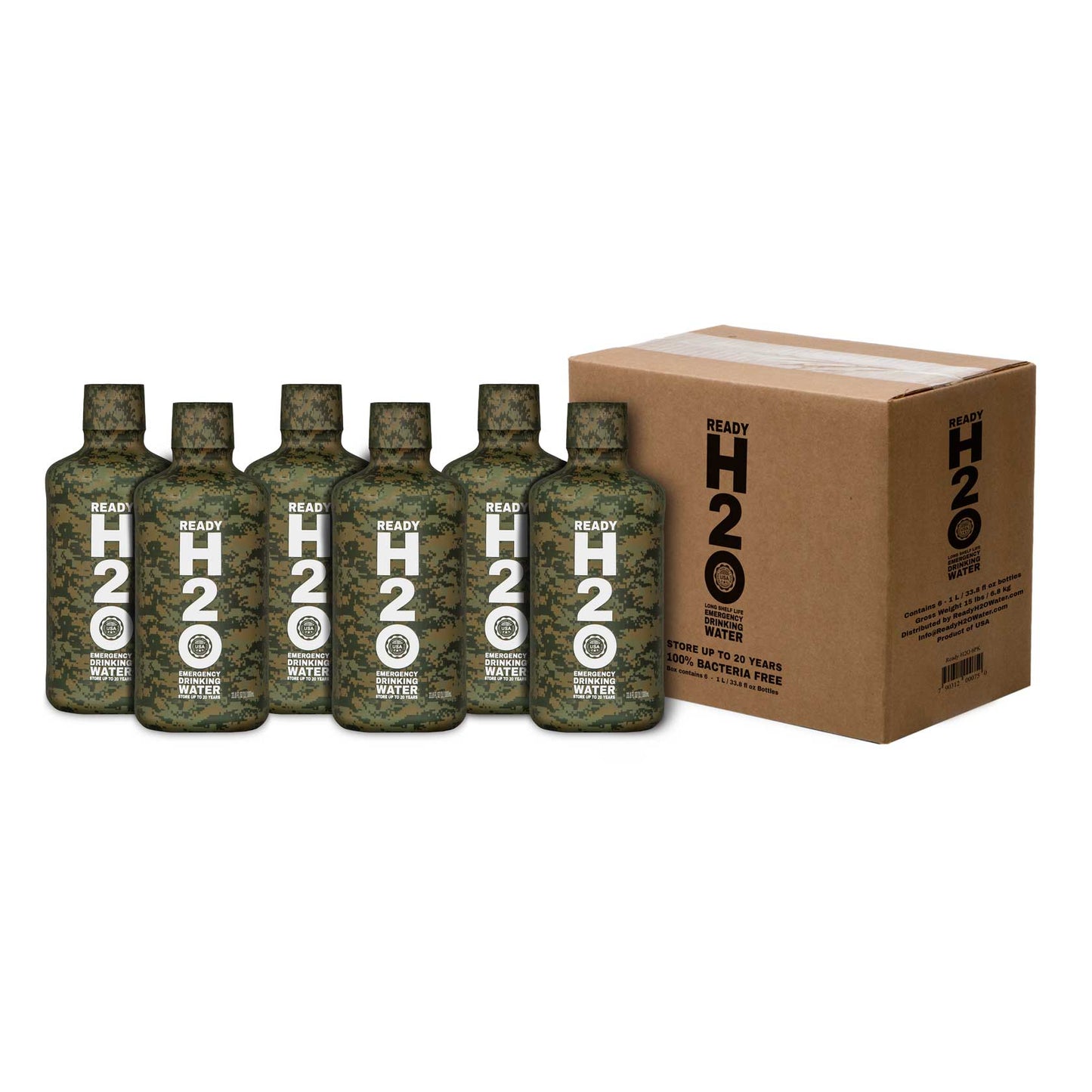 Emergency Drinking Water - Guaranteed Bacteria Free - 20 yr - 1 Liter Bottles - Pallet Quantity - Camo Bottle Design